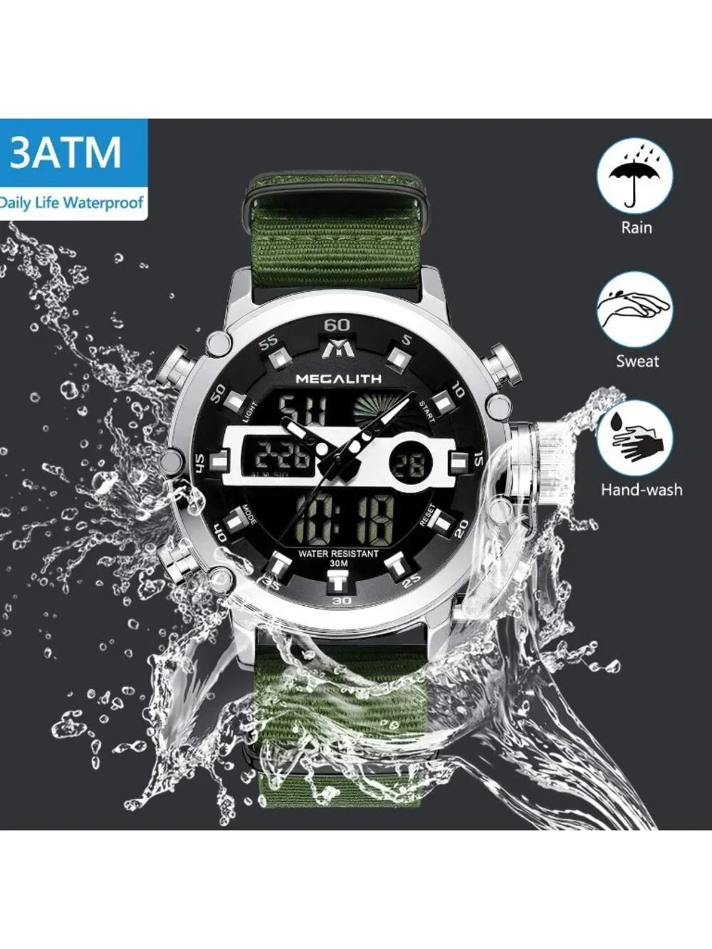 Mens Green And Silver Analog Nylon Strap Waterproof Multifunction Digital Watch
